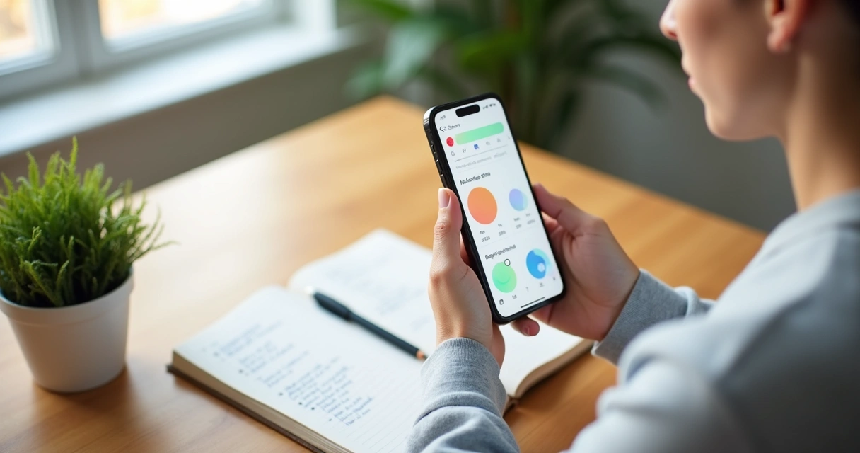 Pessoa acompanhando hábitos no celular com gráficos coloridos 