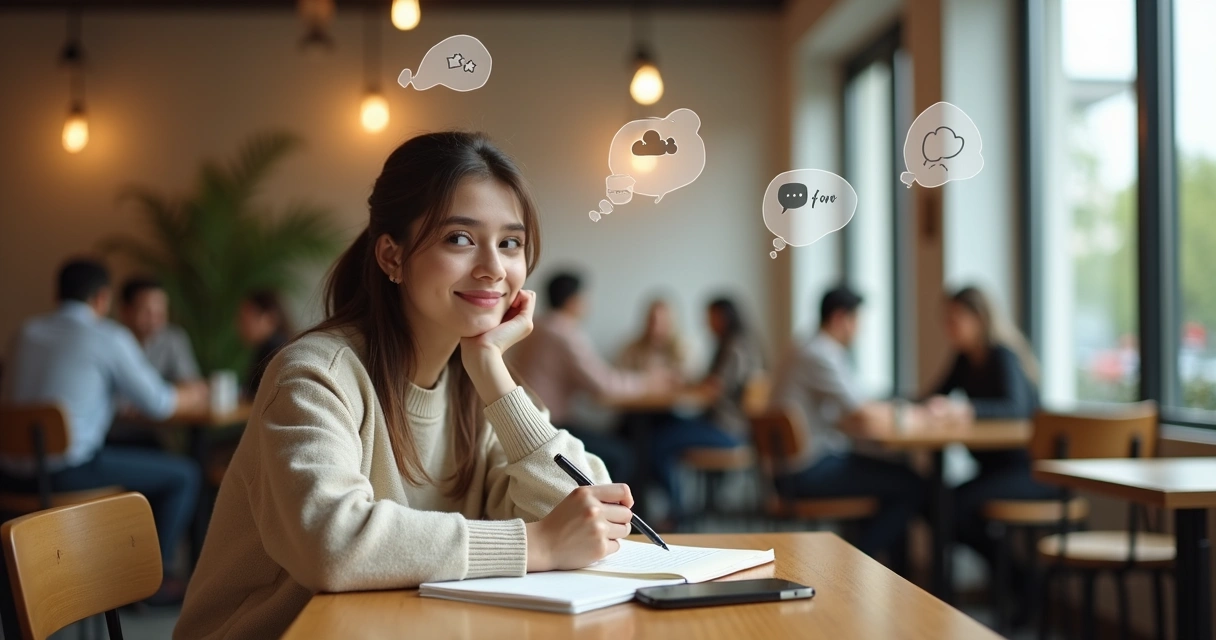 Pessoa em café observando ícones de pensamentos flutuando sobre outros clientes 