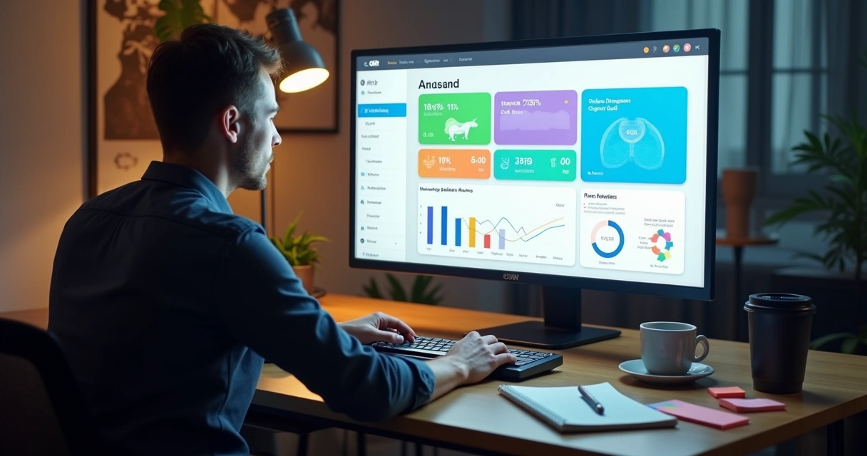 Profissional analisando OKRs em dashboard digital 