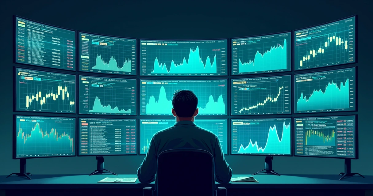 Pessoa olhando vários gráficos de criptomoedas em telas 