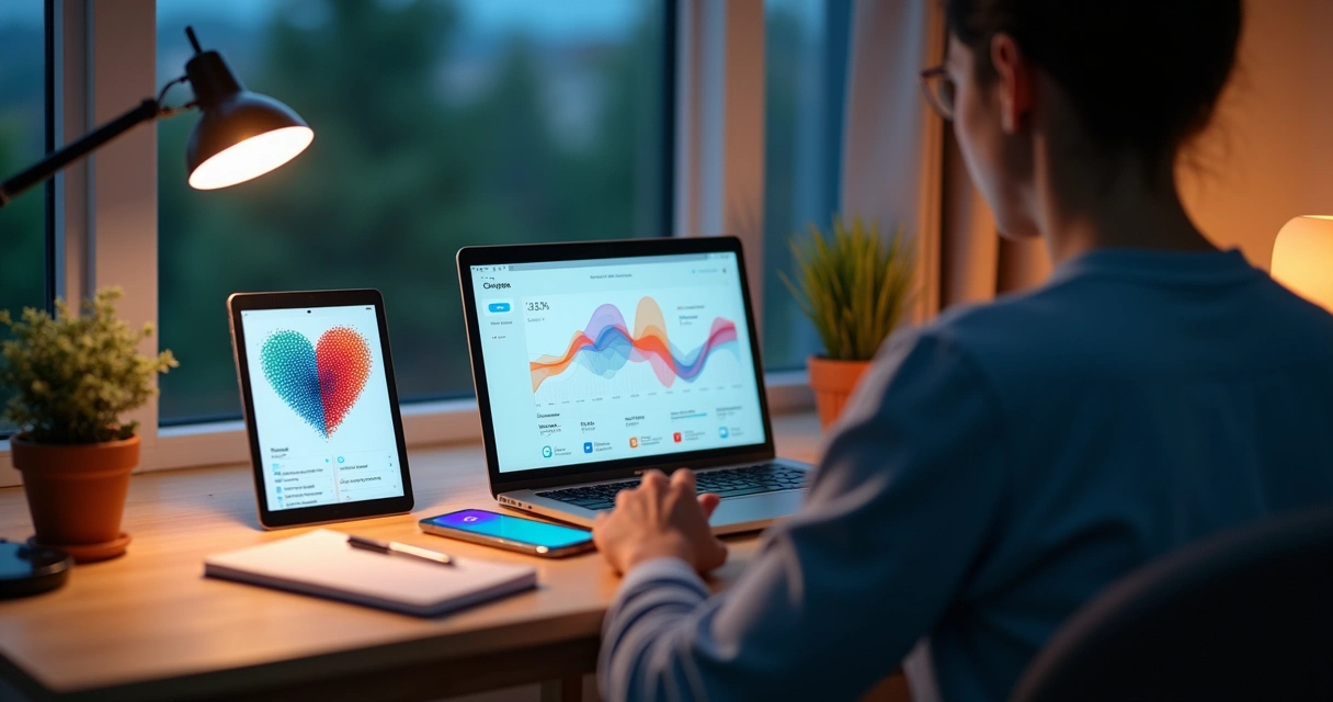 Pessoa em mesa minimalista com vários aparelhos digitais exibindo alertas e gráficos coloridos de emoções 