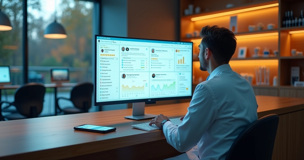 Dentista em clínica odontológica olhando painel digital com menções da marca online 