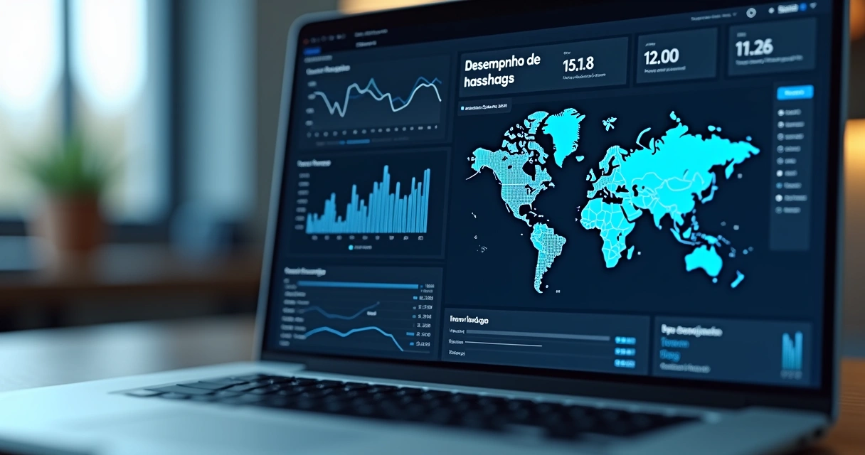 Dashboard digital mostrando gráficos de desempenho de hashtags. 