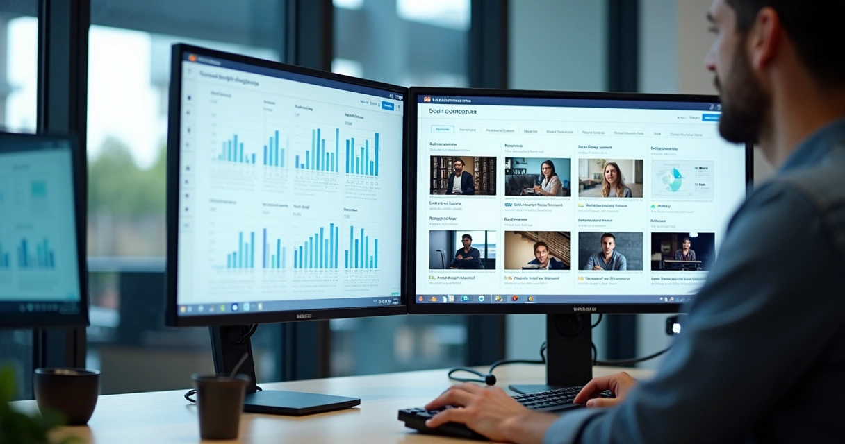 Dois monitores mostrando análise de vídeos curtos 