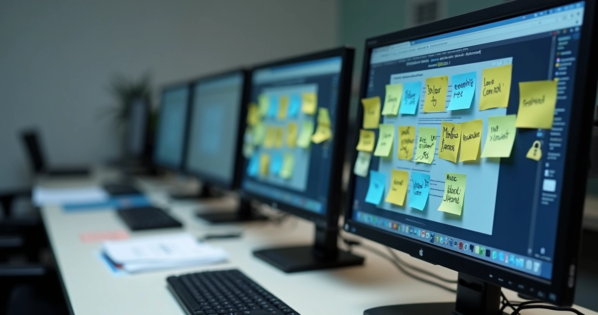 Monitores de computador com notas adesivas de senhas coladas 