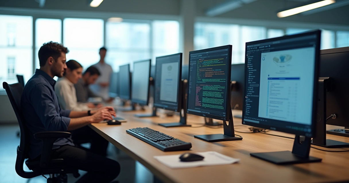 Monitores de diferentes tamanhos e modelos alinhados em uma mesa 