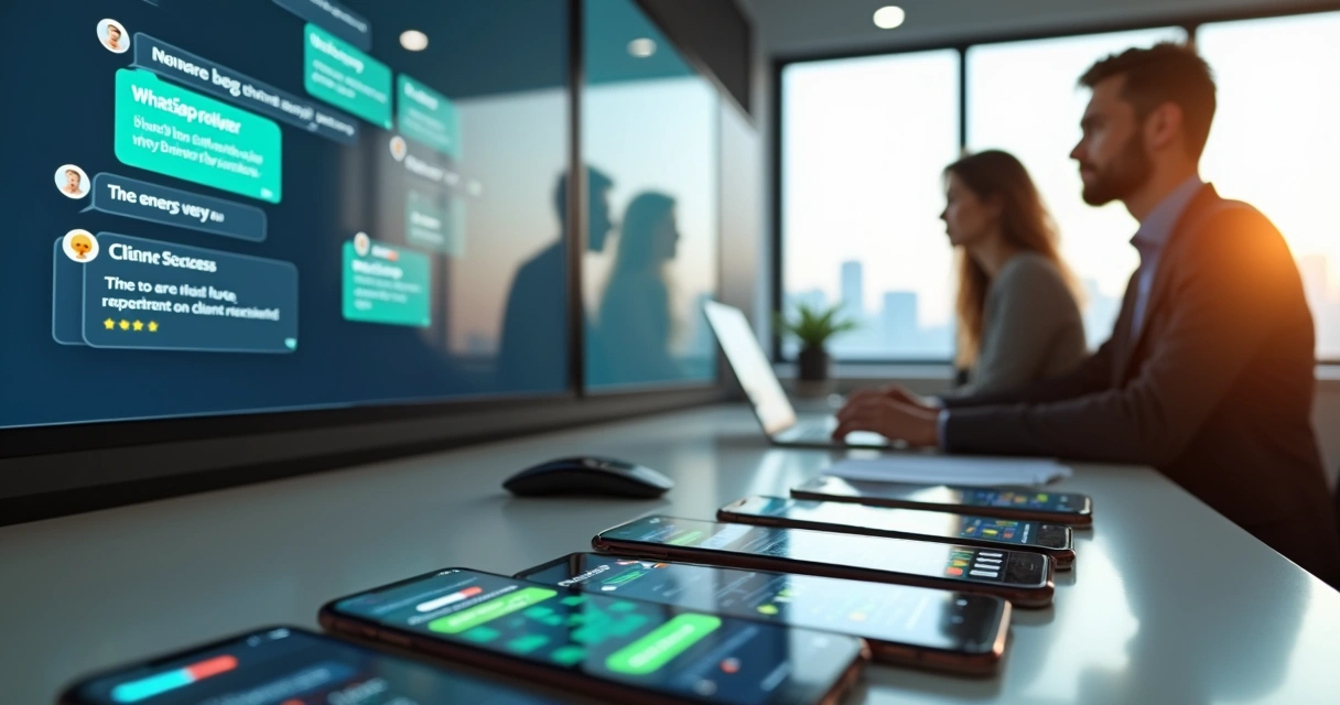 Gestor observando tela com interações digitais ao lado de celulares