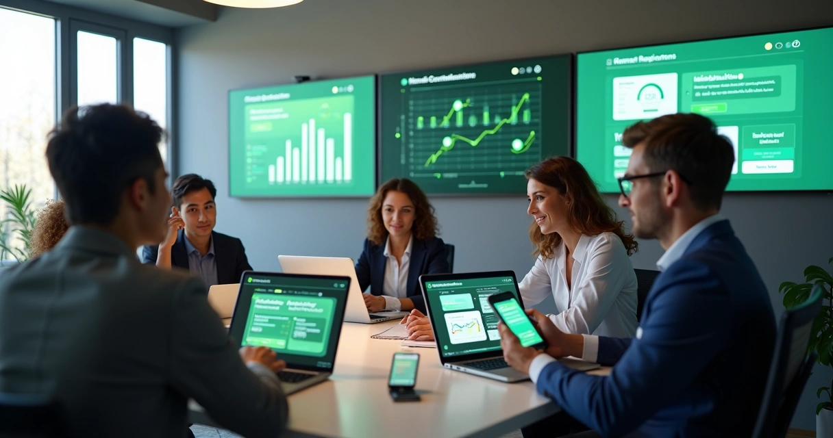 Equipe pequena analisando monitoria de atendimento digital em computadores e dispositivos móveis 