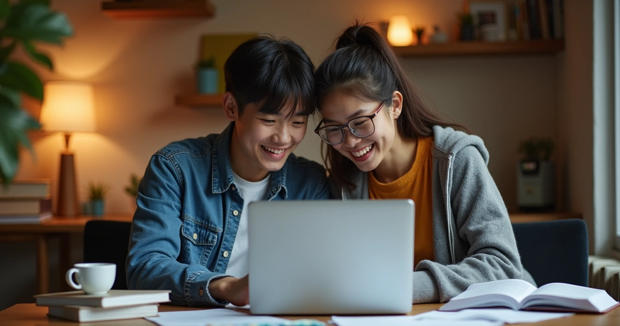 Dois estudantes conversando pelo computador em ambiente de estudos, com papéis e livros na mesa 