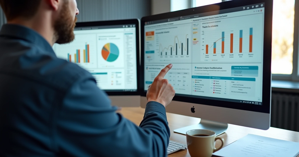 Person reviewing dashboard with graphs for AI monitoring and brand sentiment.