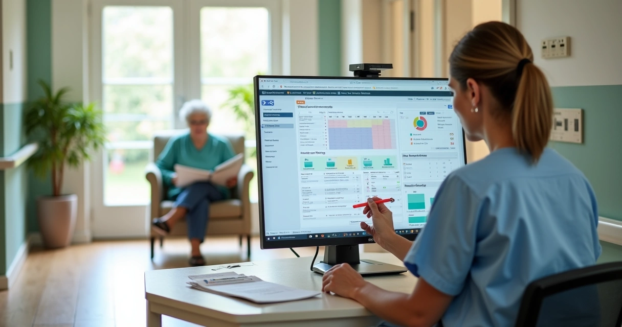 Profissional de saúde registra detalhes da eliminação intestinal de idosa em painel digital na ILPI 