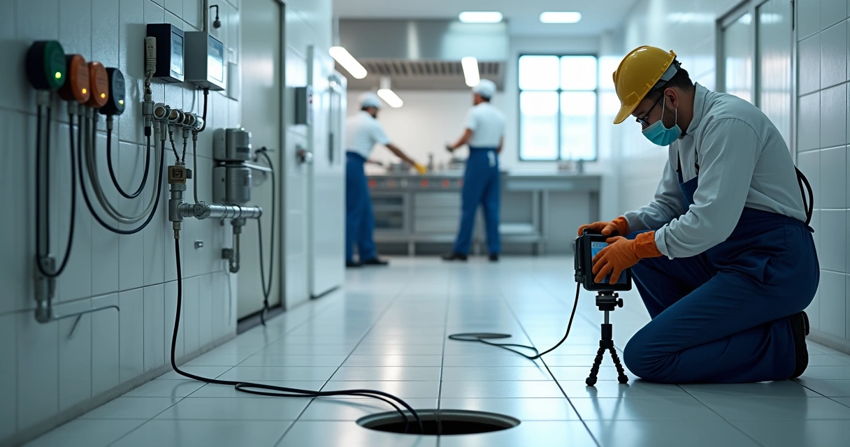 Técnico compara monitorização contínua de esgoto com inspeção por câmara em restaurante 
