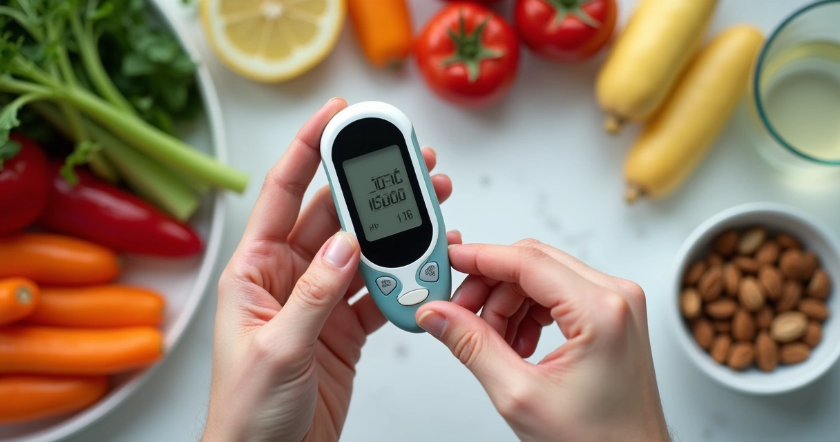 Pessoa monitorando glicemia ao lado de alimentos saudáveis na mesa 