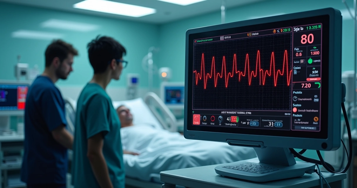 Equipes em UTI acompanhando monitor com traçados de ECG e níveis de potássio sérico 