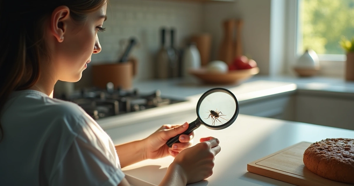 Pessoa usa lupa para inspecionar vestígios de insetos numa cozinha moderna 
