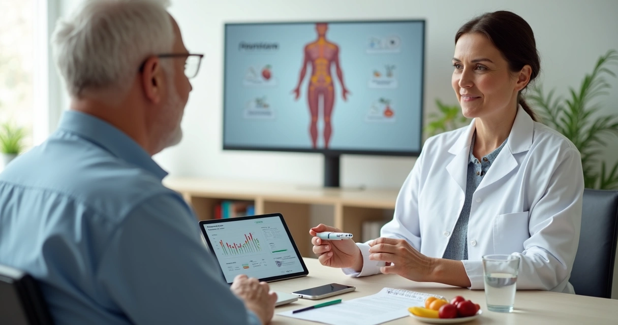 Profissional de saúde segurando caneta injetora de Monjaro ao lado de paciente acima do peso em consulta de emagrecimento 