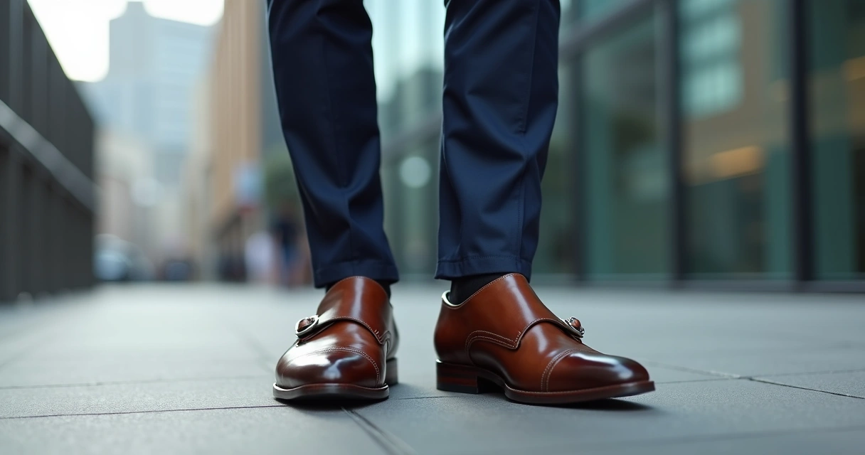 Homem usando sapato monk strap marrom com terno azul marinho na rua urbana 