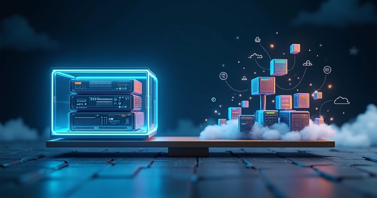 Comparação visual entre monolito sólido e microsserviços distribuídos em ambiente de nuvem 