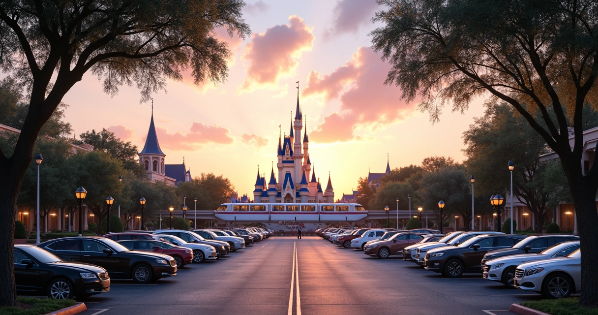 Monotrilho e barco ferry chegando ao castelo da Disney pela manhã 