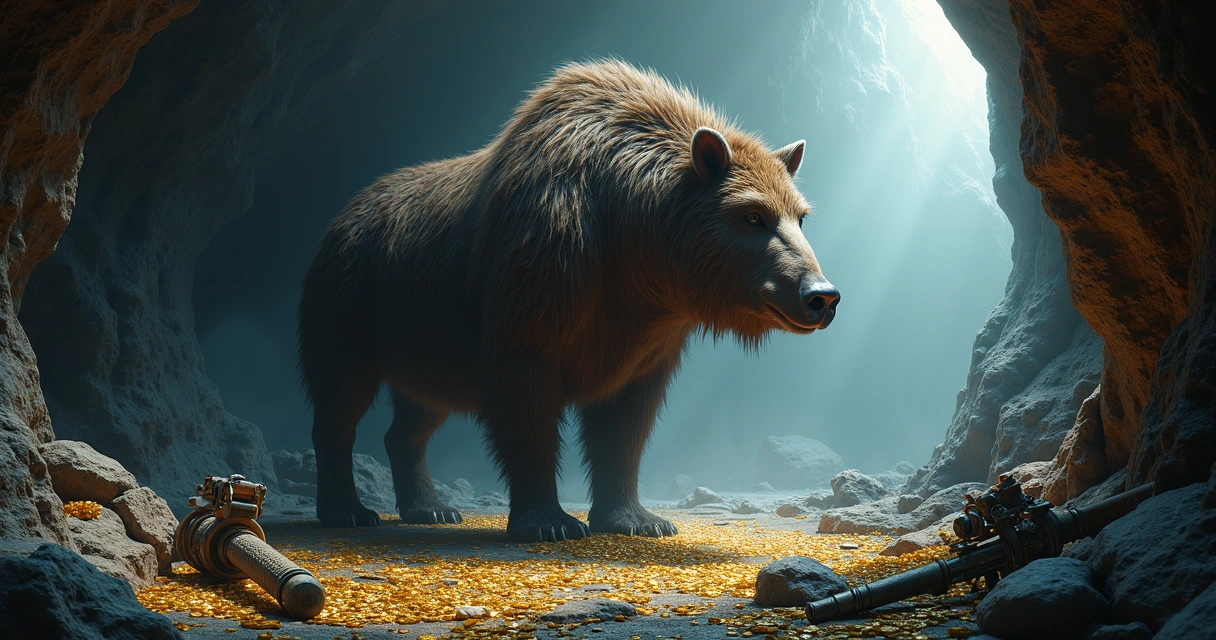 Wereboar em caverna escura de Tibia com moedas