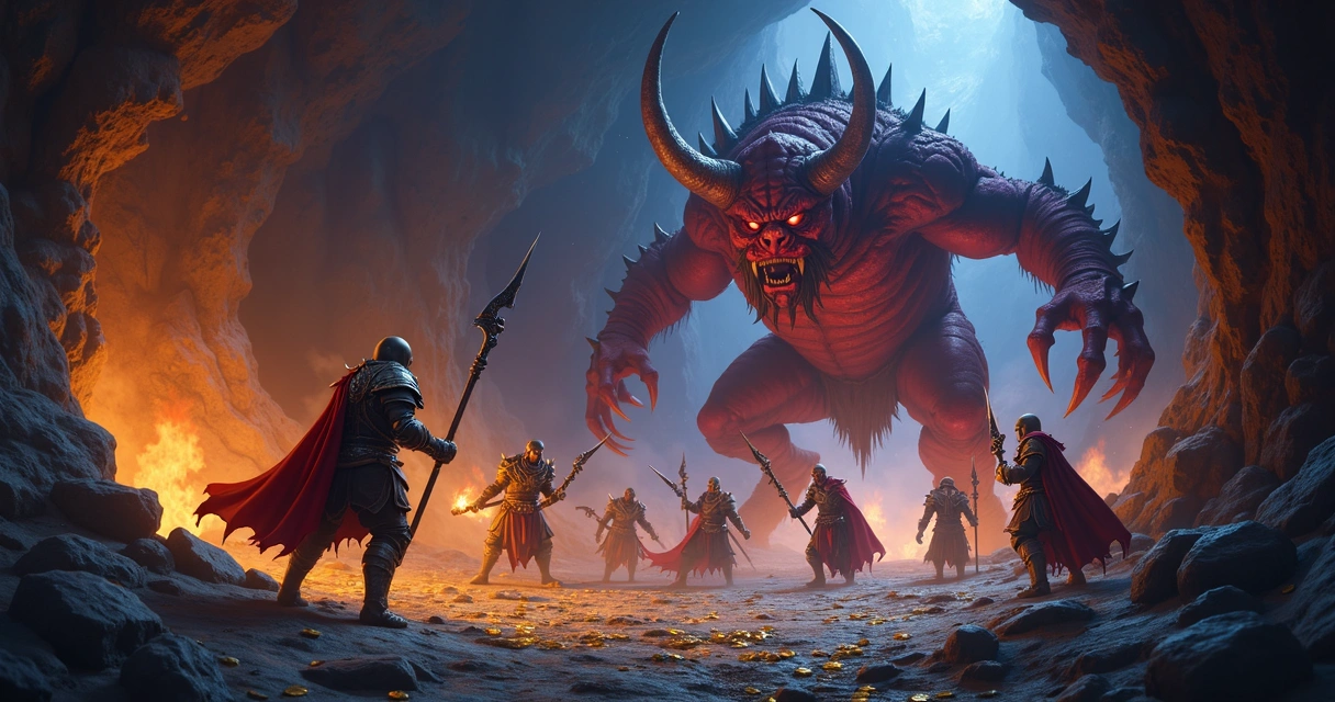 Grupo de jogadores enfrentando um orclops e outros monstros em caverna escura