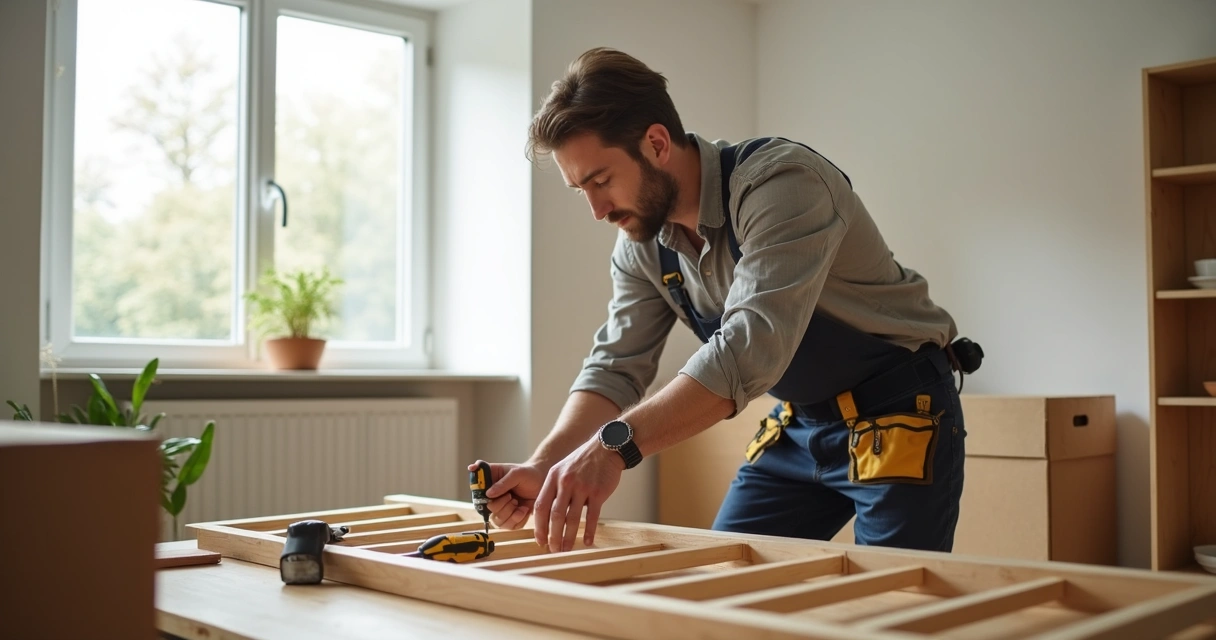 Profissional montando móveis em sala residencial com painel, mesas e caixas de ferramentas ao redor 