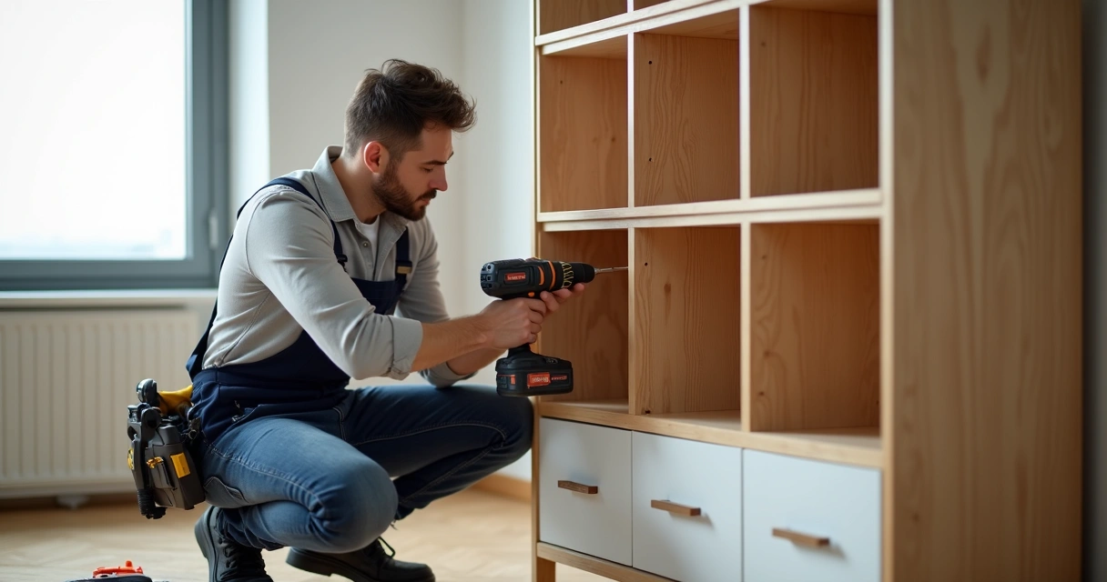 Montador instalando uma estante de madeira e organizando ferramentas 