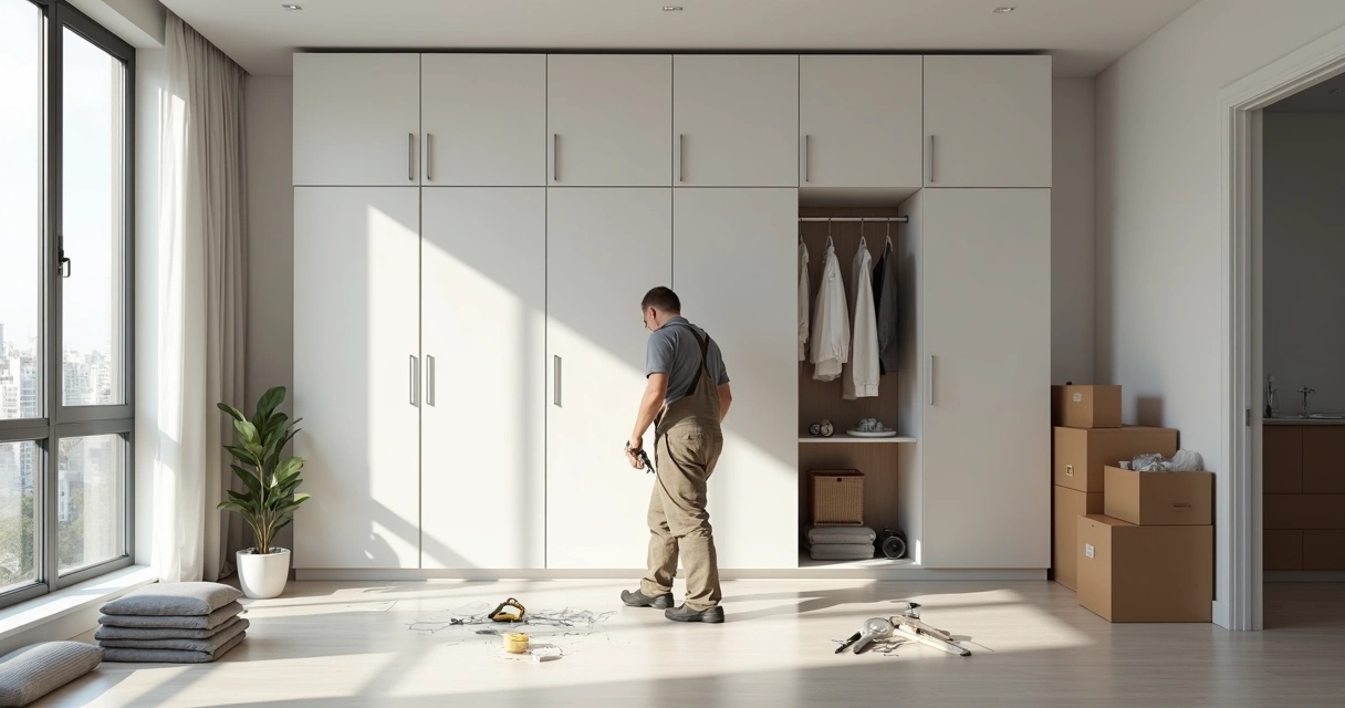 Montador profissional em ação montando armário modular branco. 