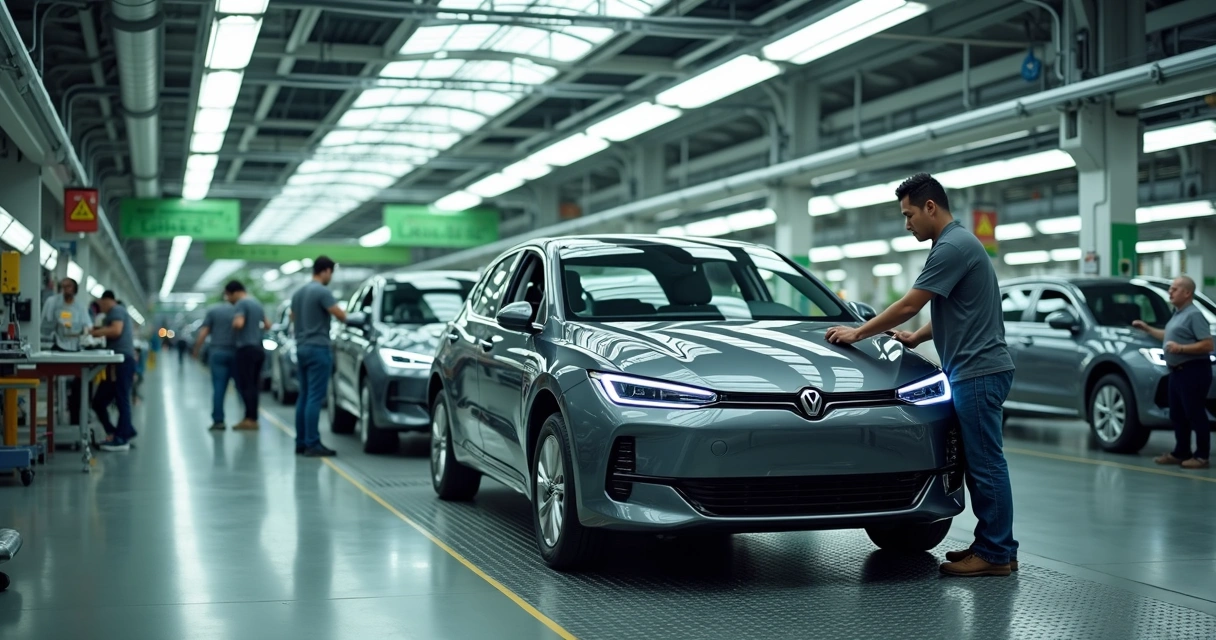 Interior de fábrica de automóveis moderna com trabalhadores na linha de montagem de carros híbridos 
