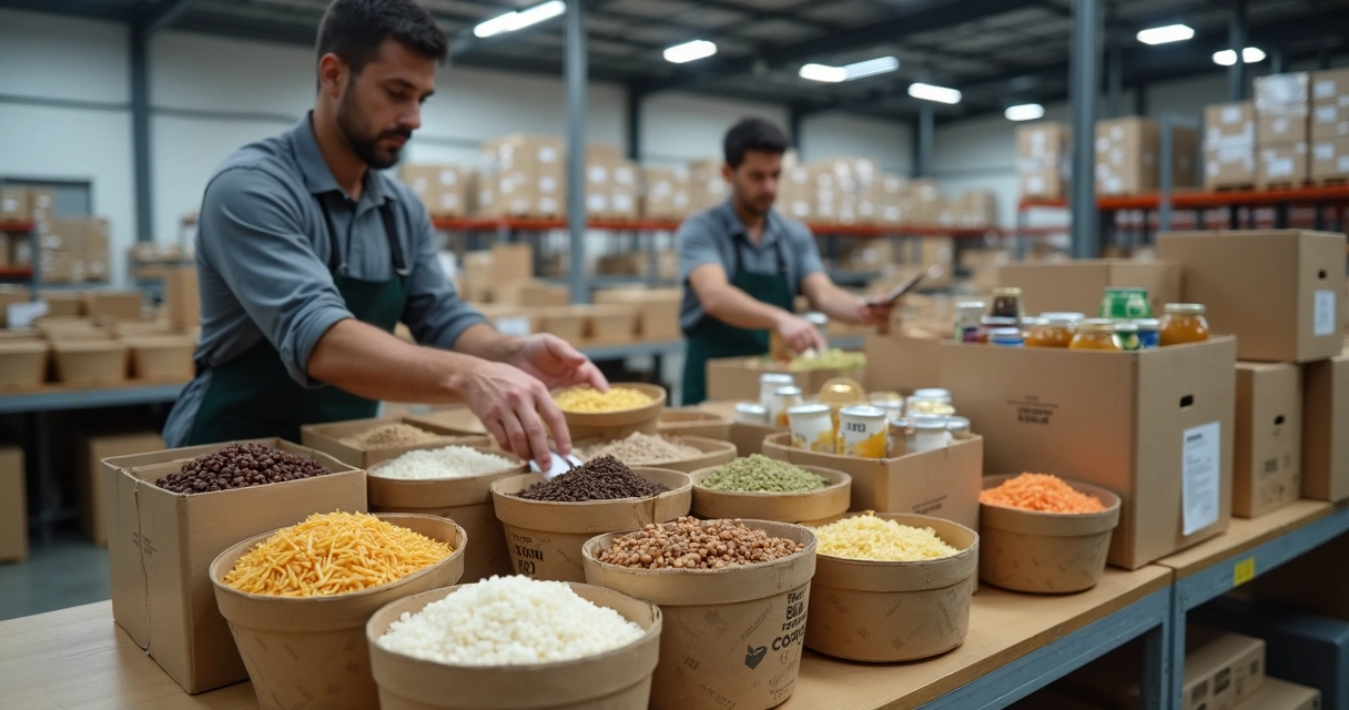 Montagem de cesta com alimentos básicos em centro logístico 