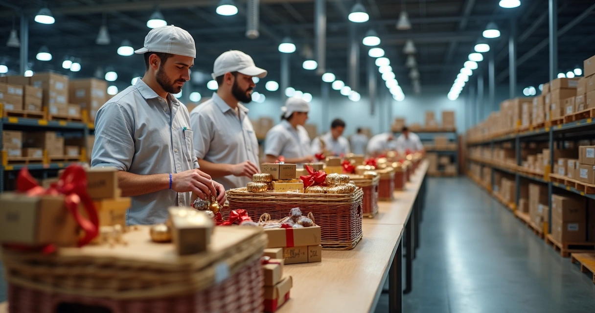 Equipe organizando cestas de Natal empresariais em centro logístico 