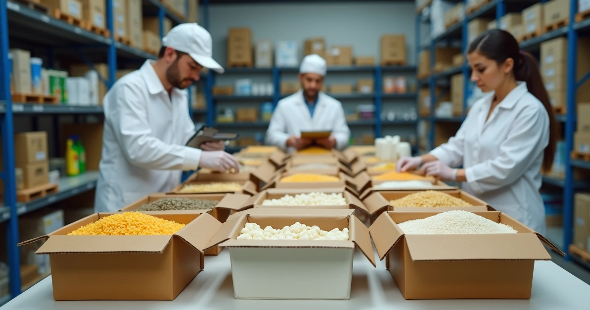 Equipe organizando cestas básicas em ambiente corporativo 