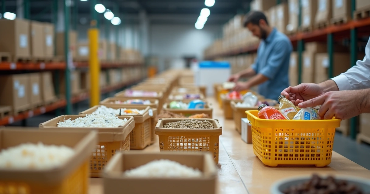 Montagem de cesta básica corporativa com alimentos e itens de limpeza 
