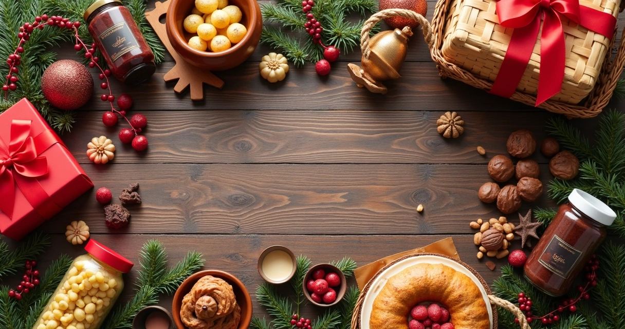 Itens de cesta de Natal organizados sobre mesa de madeira 
