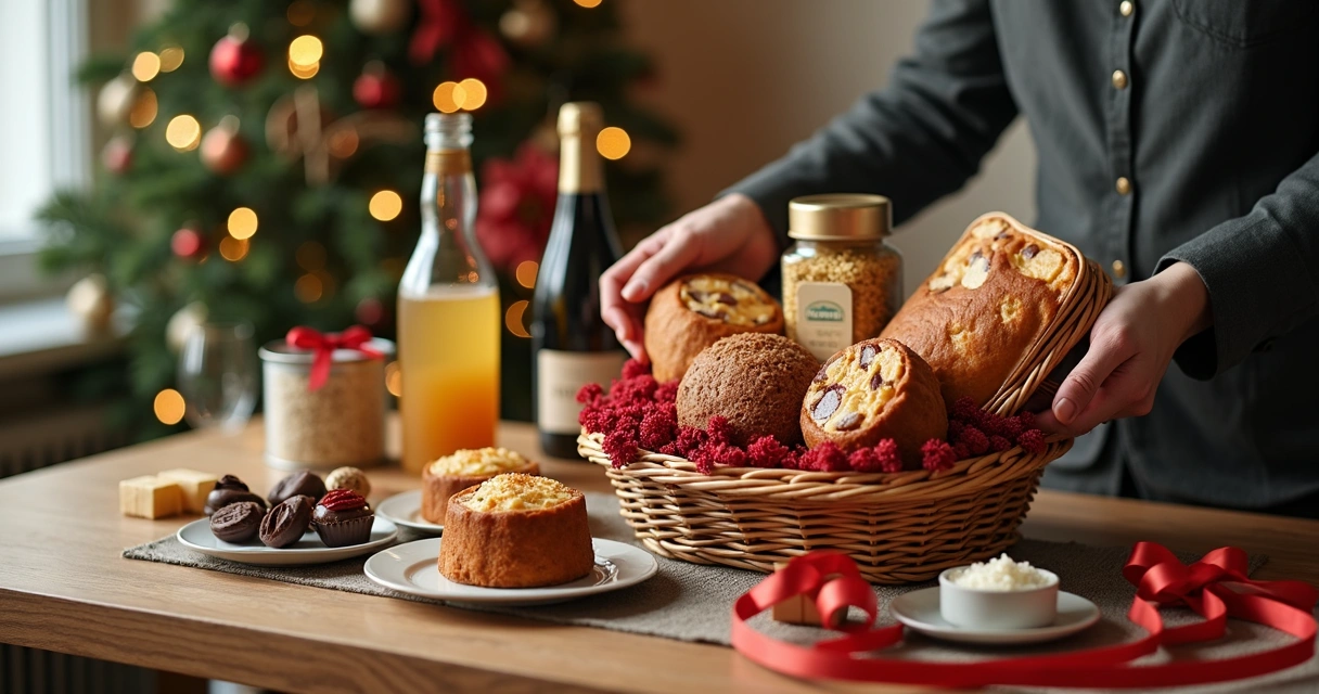 Montagem de cesta de Natal corporativa com produtos variados 