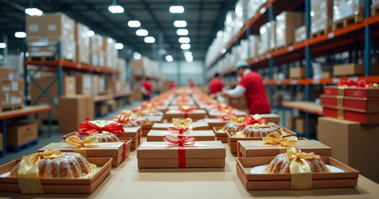 Montagem de cestas de Natal em operação logística corporativa 