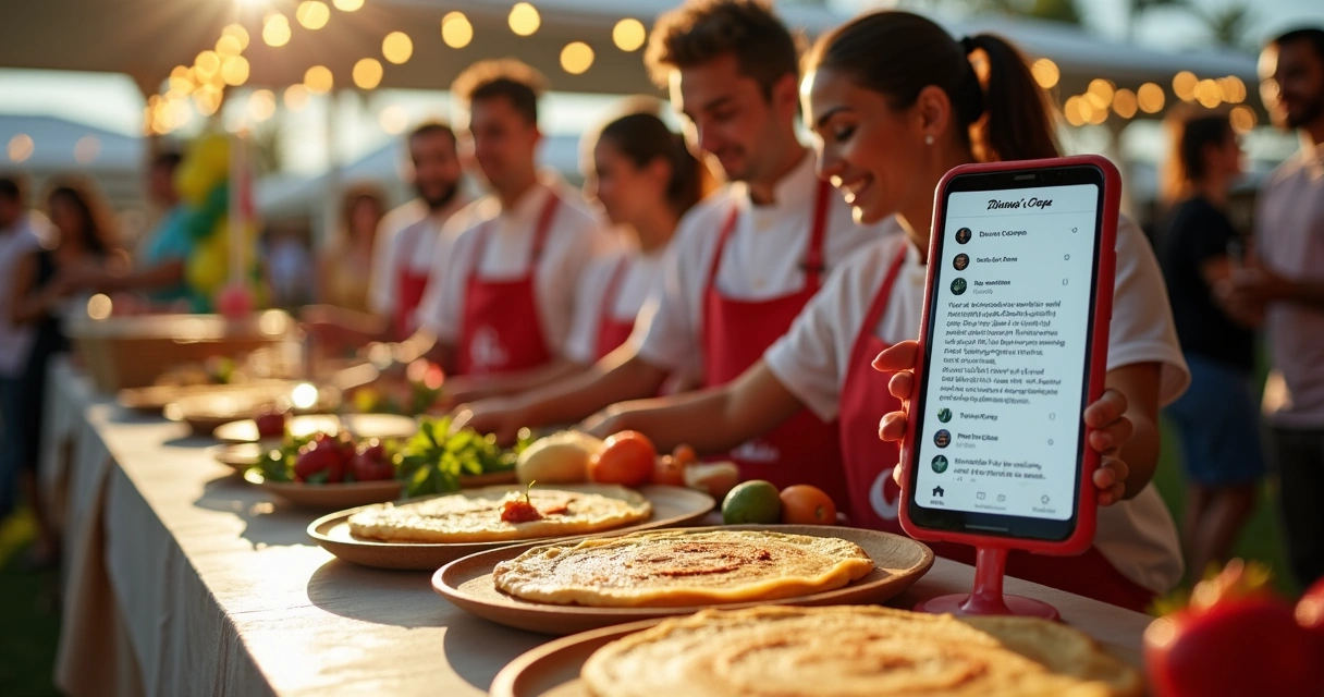 Equipe preparando estação de crepes com grupo no WhatsApp aberto 