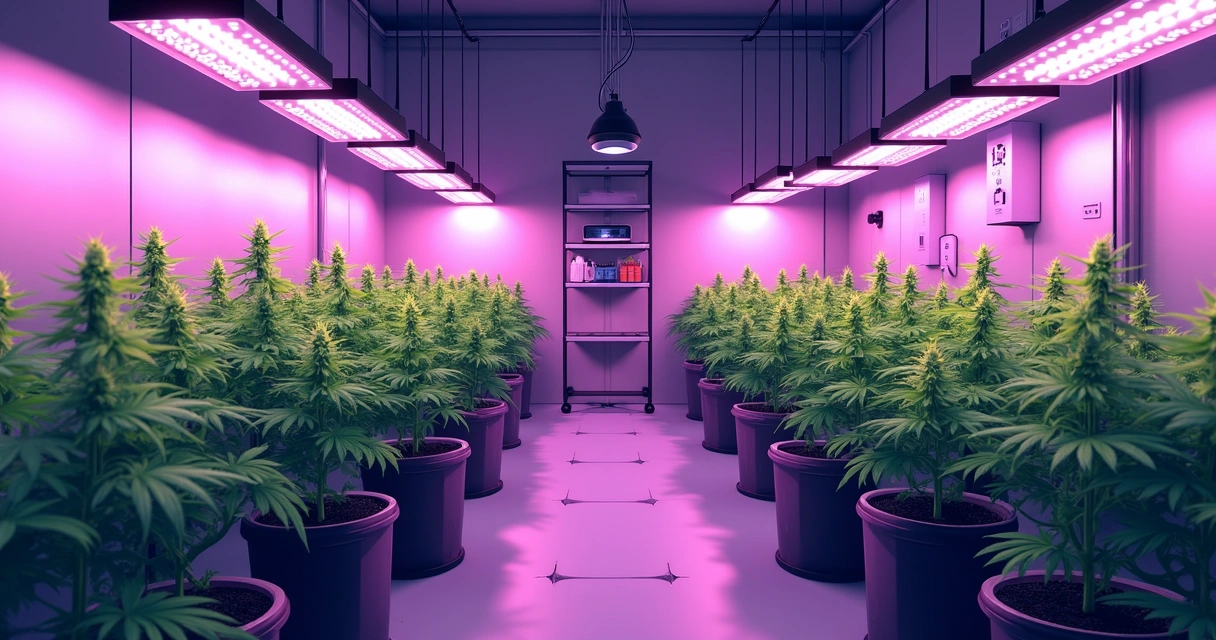 Sistema de cultivo indoor de cannabis com luzes LED e plantas organizadas 