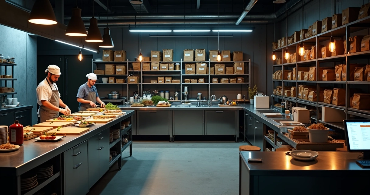 Cozinha de dark kitchen moderna com bancadas em aço inox e estantes de entrega 