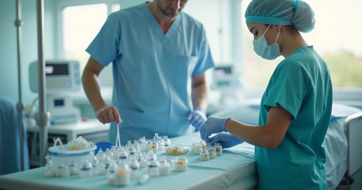 Profissional manipulando dieta enteral junto a paciente acamado 