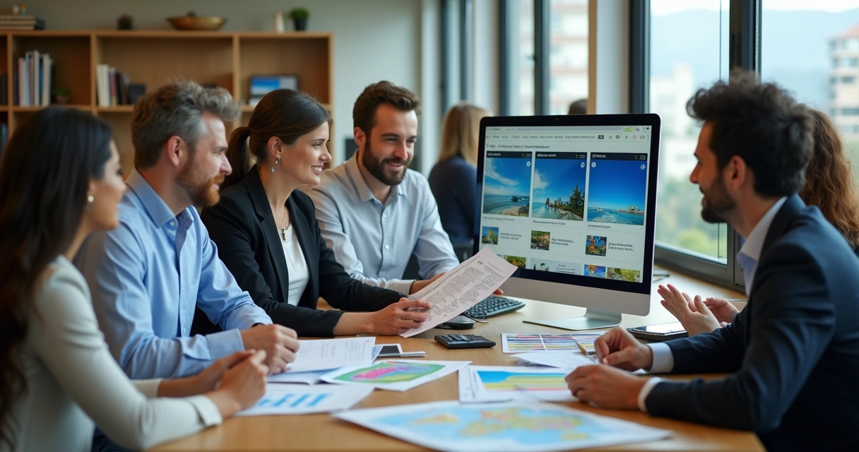 Equipe de agência trabalhando junta em computadores, definindo pacotes de viagem em ambiente de escritório moderno 