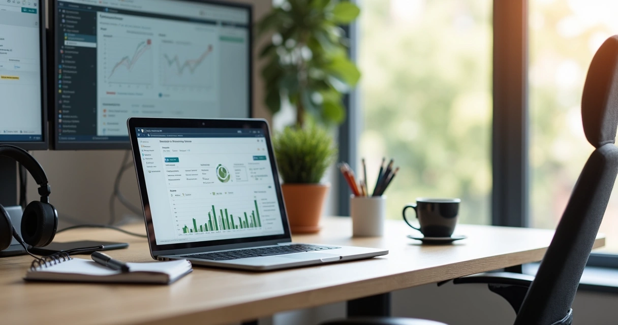 Estação de trabalho híbrida com notebook, monitor extra e headset 