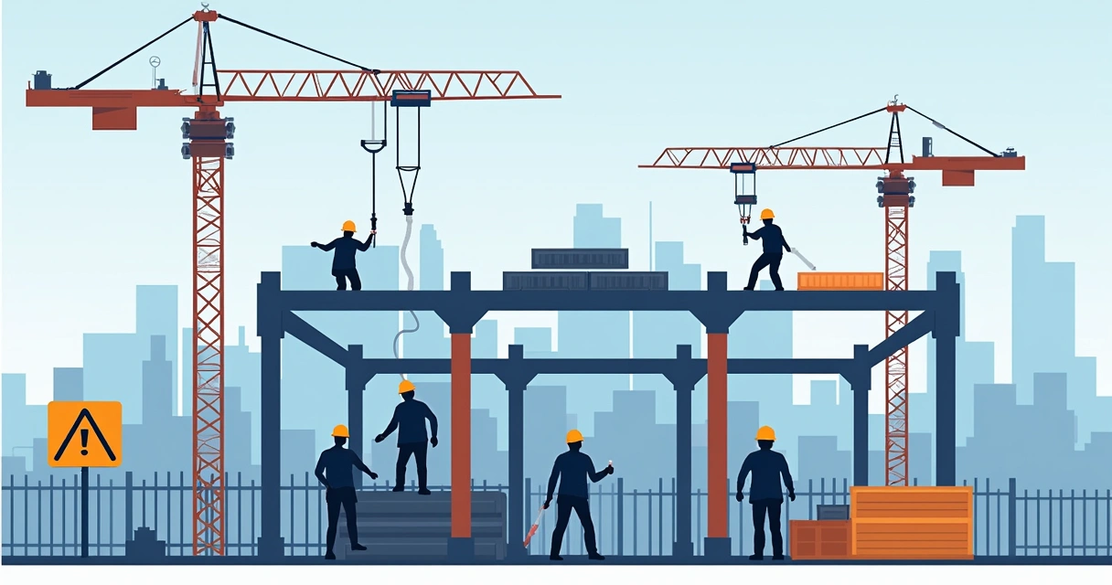 Montagem de estrutura metálica com profissionais usando EPIs 