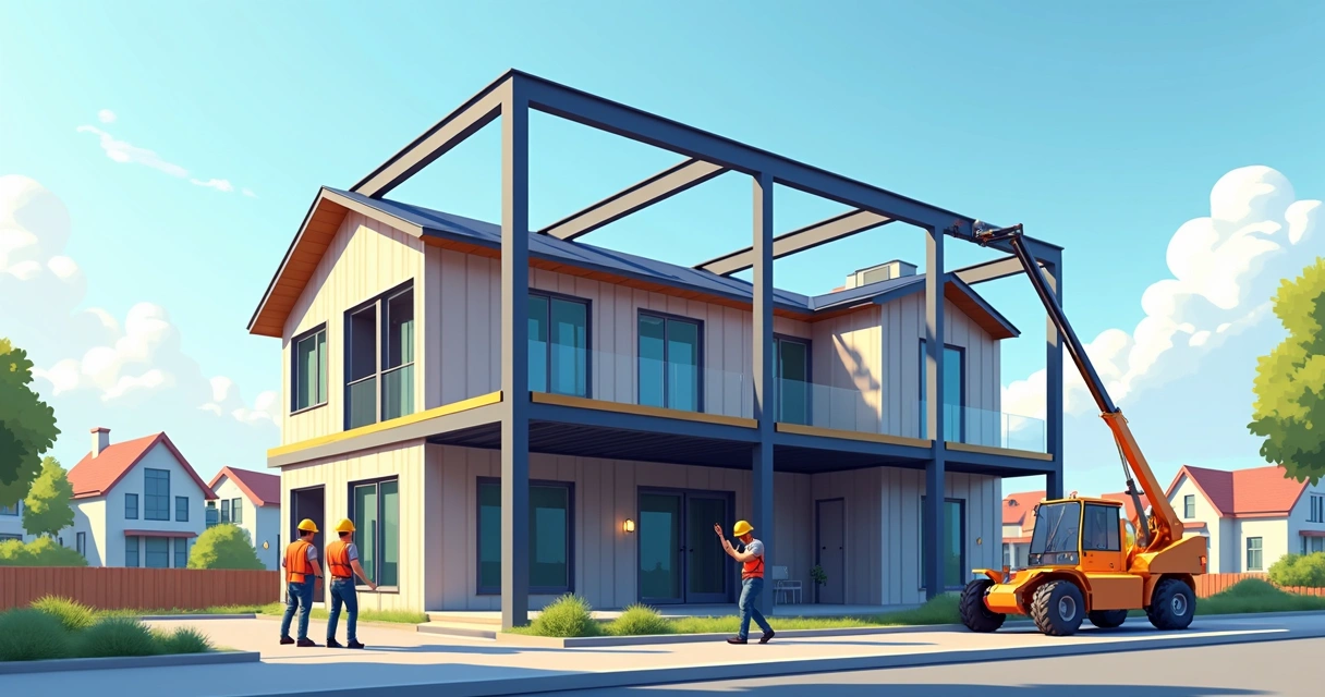 Equipe montando estrutura metálica de casa 