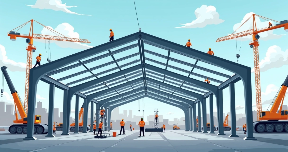 Montagem de estrutura metálica em galpão industrial 