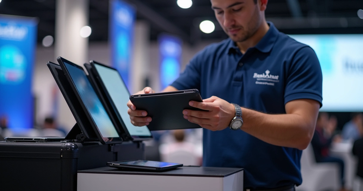 Montagem rápida de totem com tablet em evento empresarial 