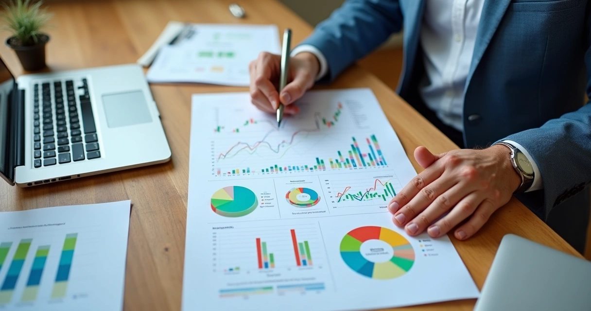 Pessoa preenchendo planilha financeira com gráficos coloridos na tela ao fundo 