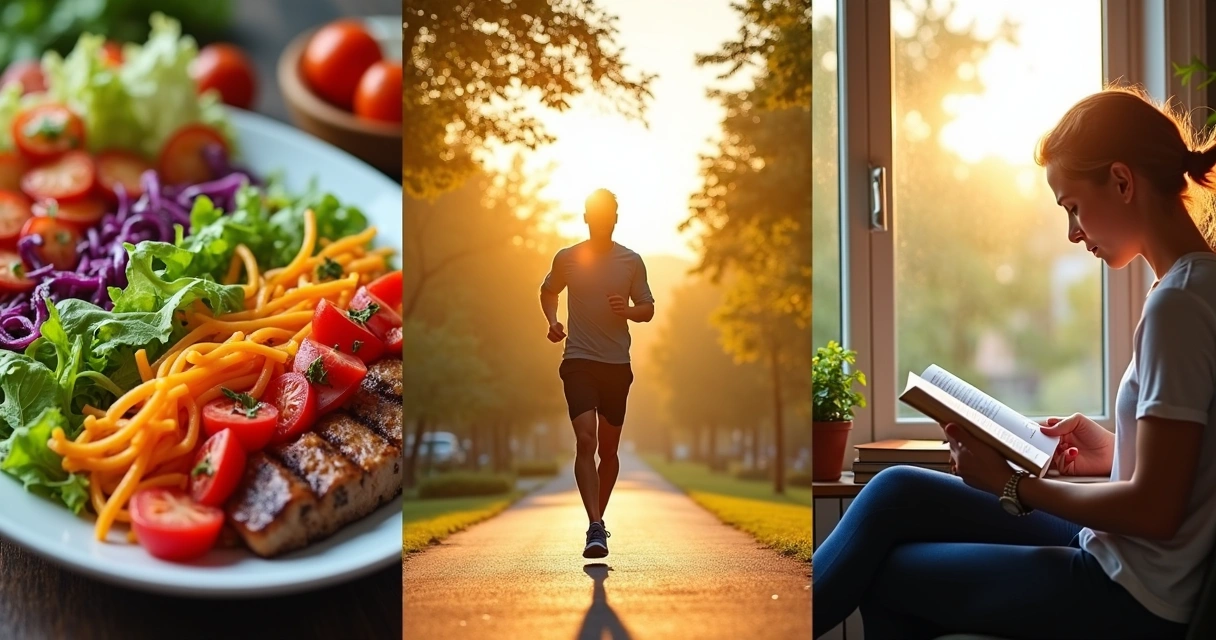 Montagem de hábitos saudáveis: dieta, exercício e exposição ao sol 