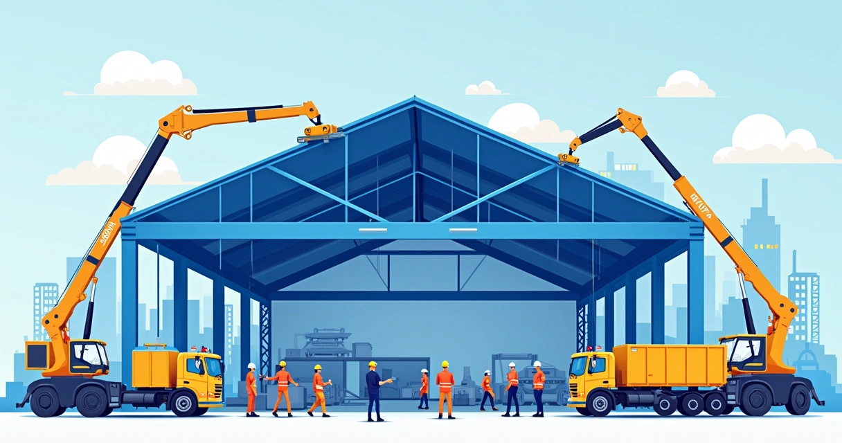 Galpão metálico sendo montado por equipe especializada. 