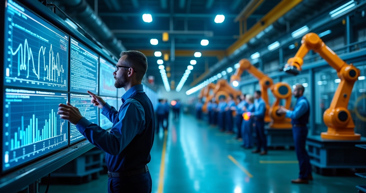 Equipe utilizando painéis digitais em chão de fábrica com robôs e engenheiros analisando gráficos. 